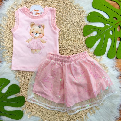 Conj. Regata Ursinha e Short Saia em Tule com Paetê - Rosa